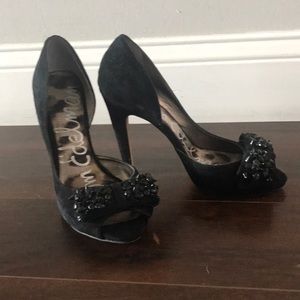 Black suede peep toe heels